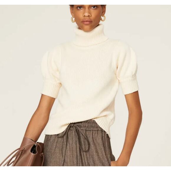 Adam Lippes Sweater Womens Small White Puff Sleeve Knit Turtleneck Cotton Wool - Picture 3 of 12